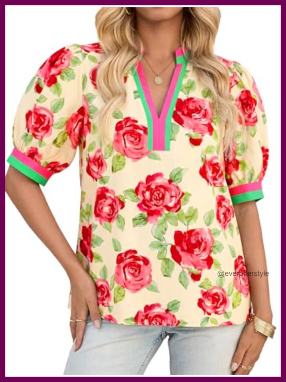 Womens 100% Cotton Puff Sleeve Blouse V-Neck Casual Top